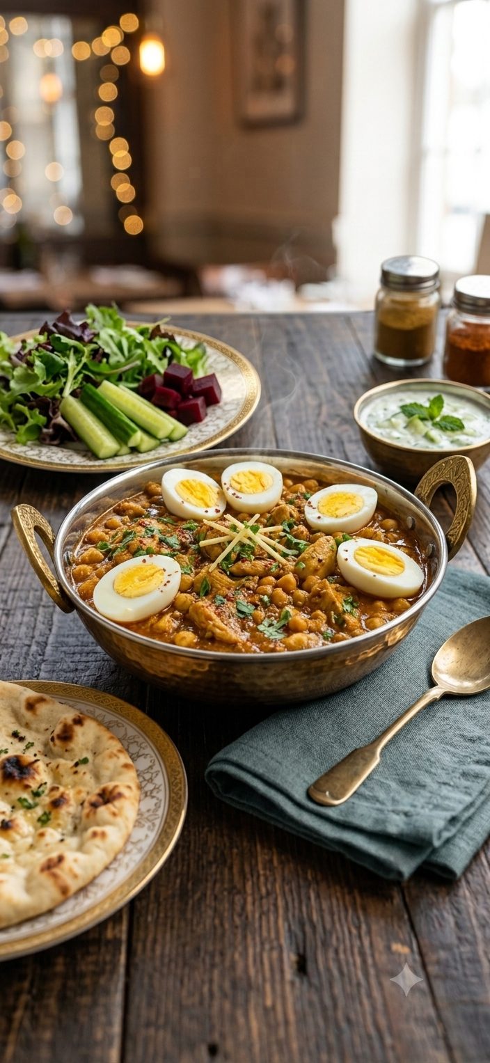 Chana Chicken — chickpeas and chicken simmered in gravy, topped with boiled egg