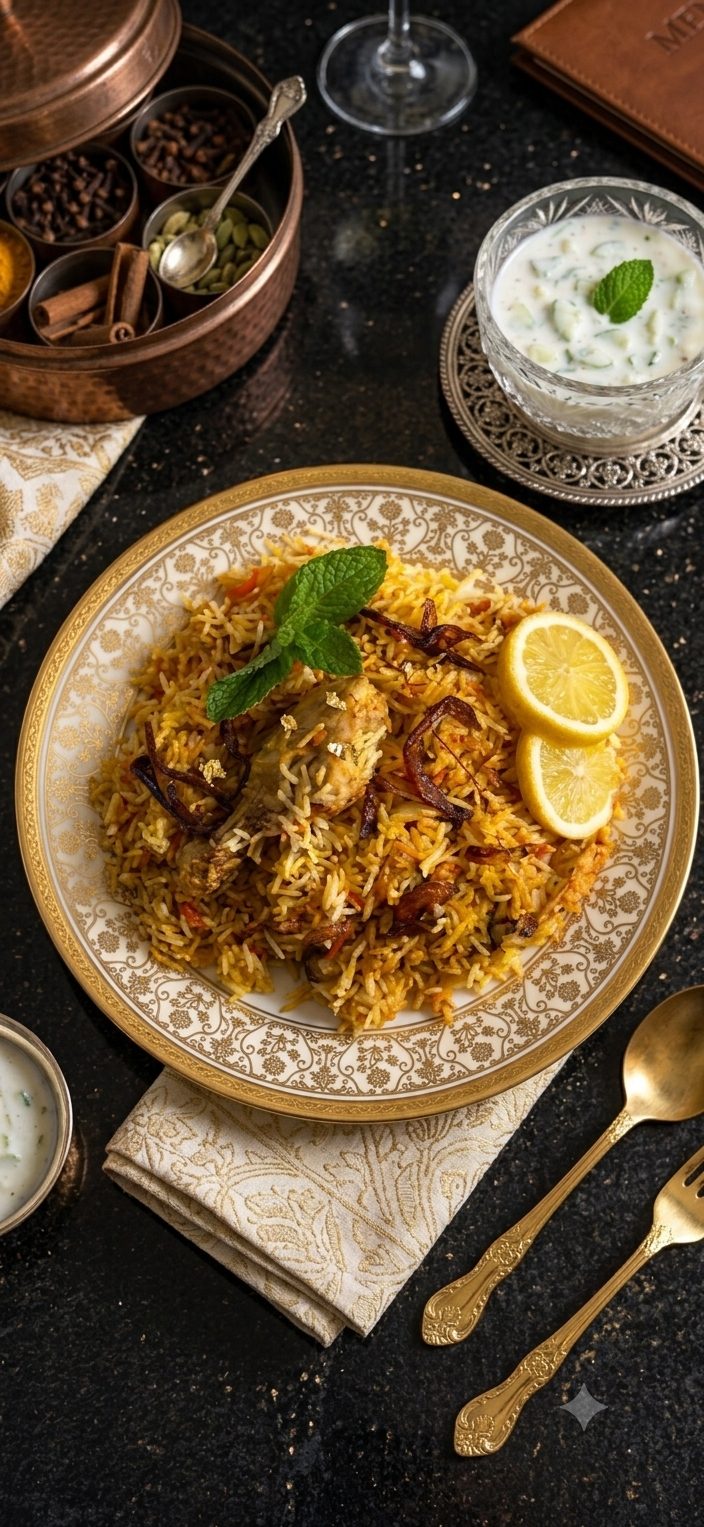 Homemade chicken biryani served on a gold-rimmed plate with mint, lemon and raita, by Sana's Kitchen Southampton