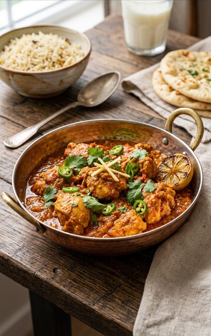 Slow-cooked chicken curry garnished with coriander