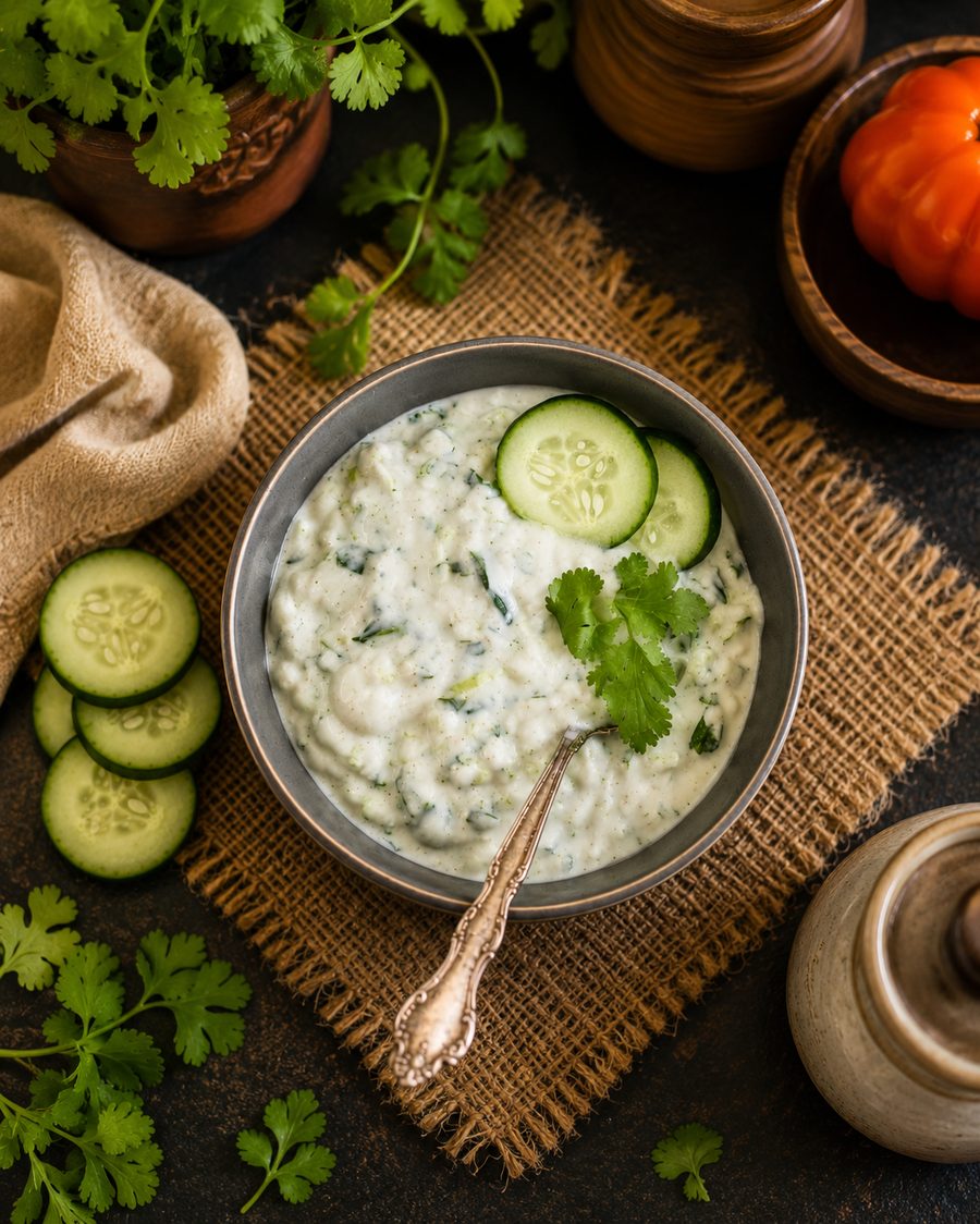 Homemade mint and cucumber raita in a small bowl