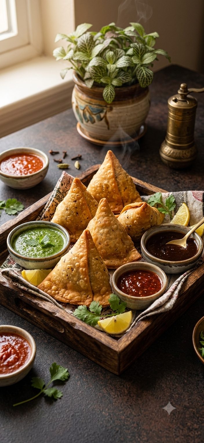 Homemade samosas served with mint chutney